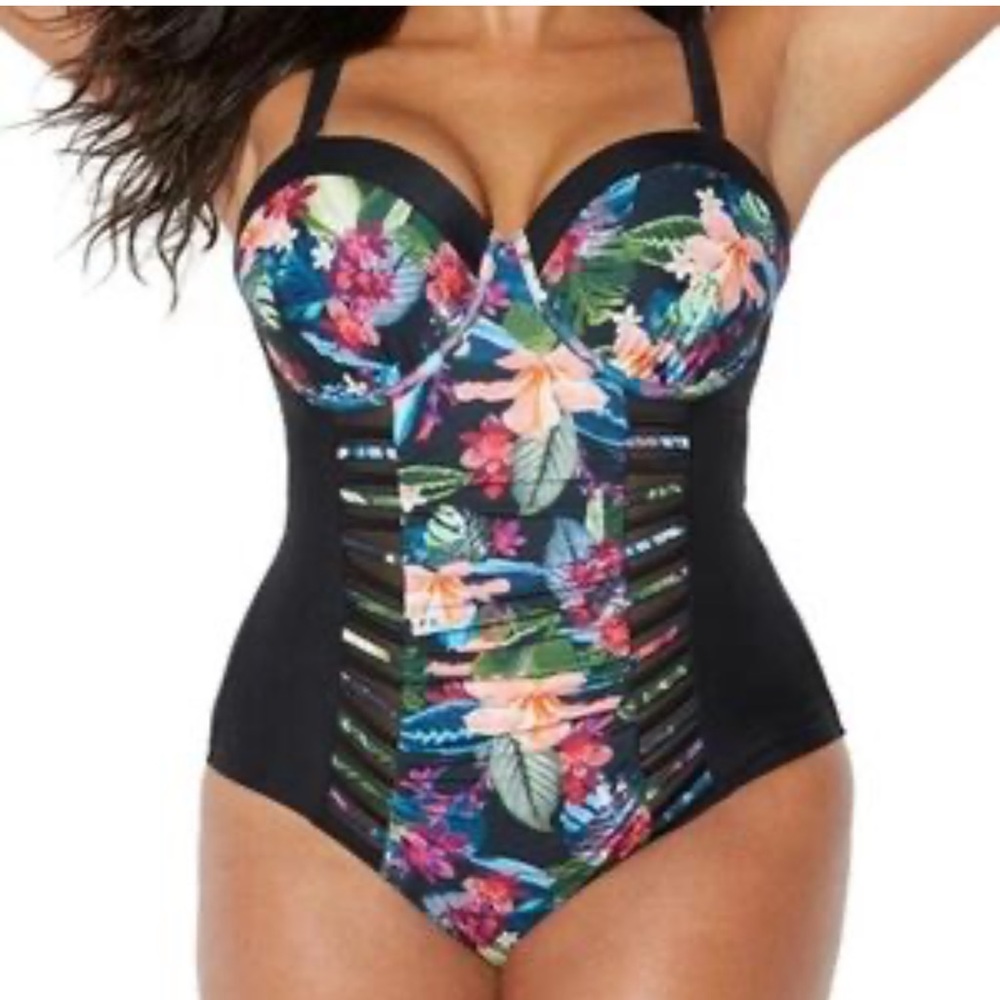 Swimsuits For All Plunge One Piece Floral Black Women's Swimsuit 26